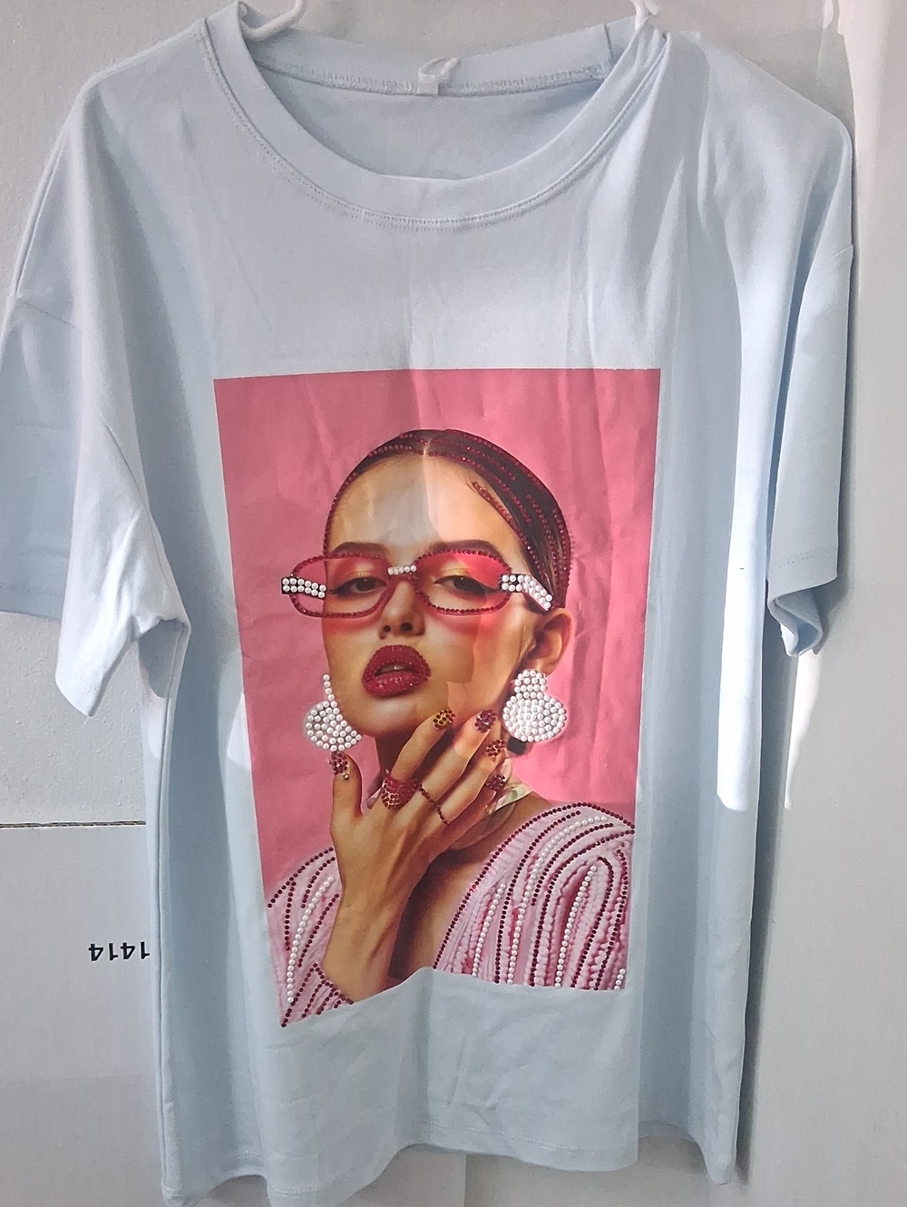 Women’s Light Blue Graphic Tee Rhinestone with Pink Portrait Print